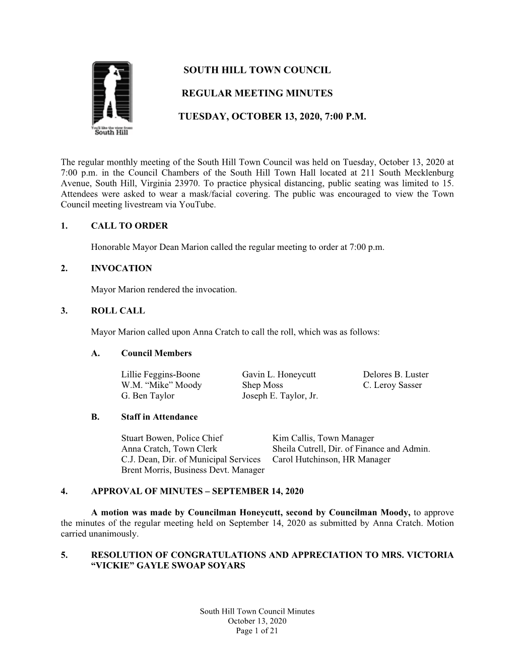 South Hill Town Council Regular Meeting Minutes