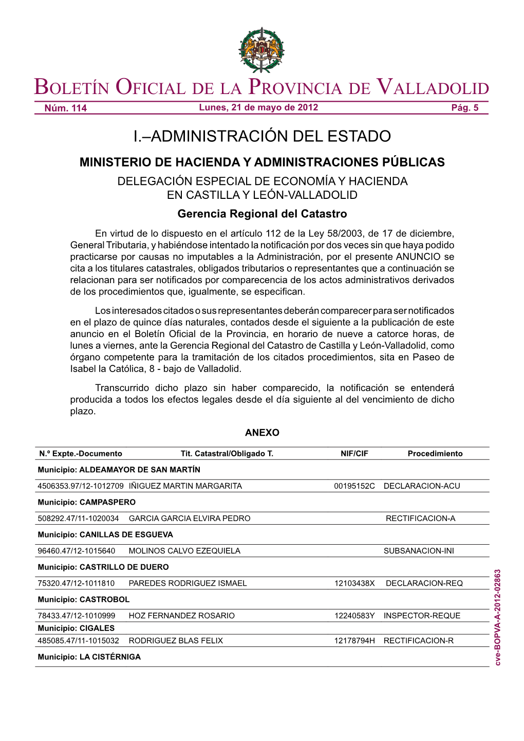 Boletín Oficial De La Provincia De Valladolid Núm