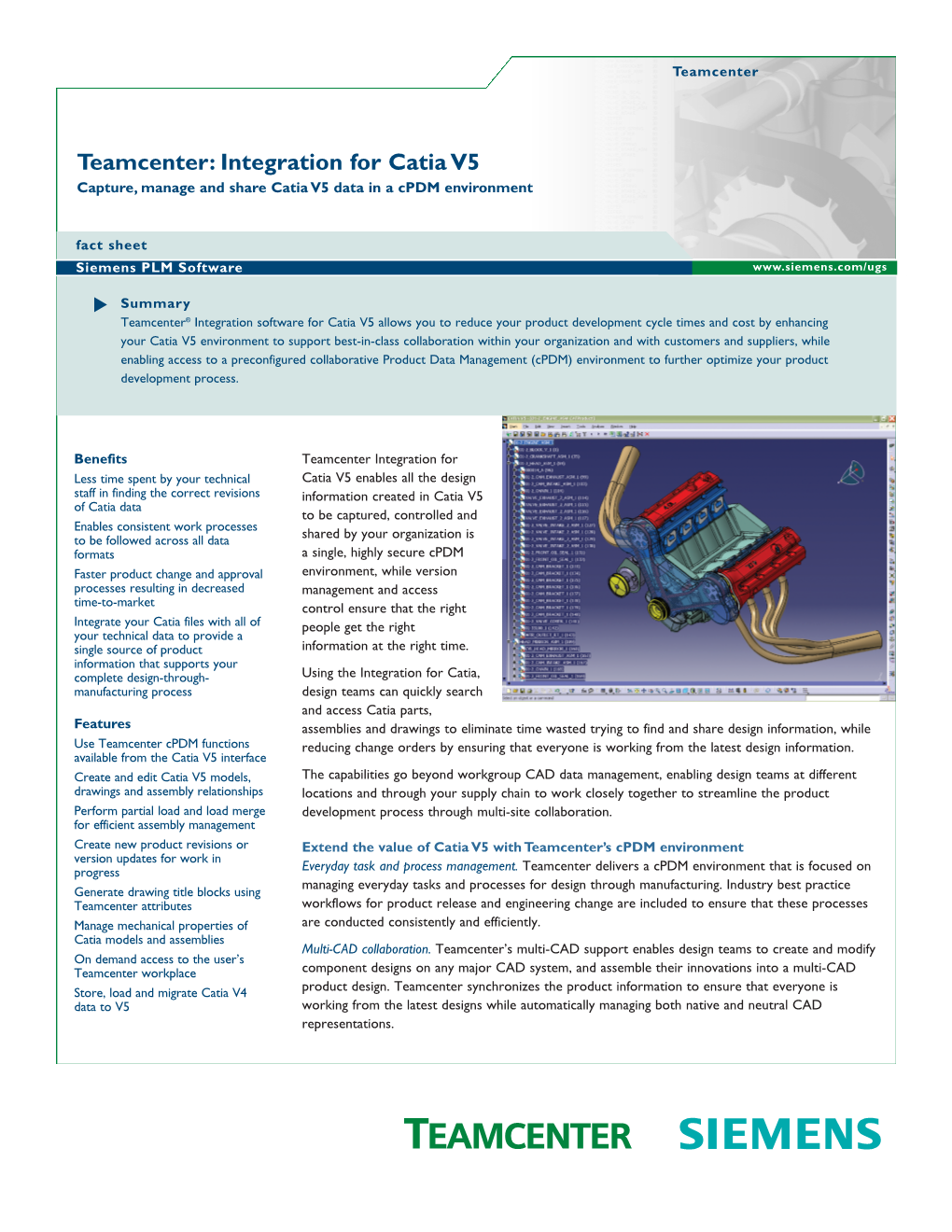 Teamcenter: Integration for Catia V5 Capture, Manage and Share Catia V5 Data in a Cpdm Environment