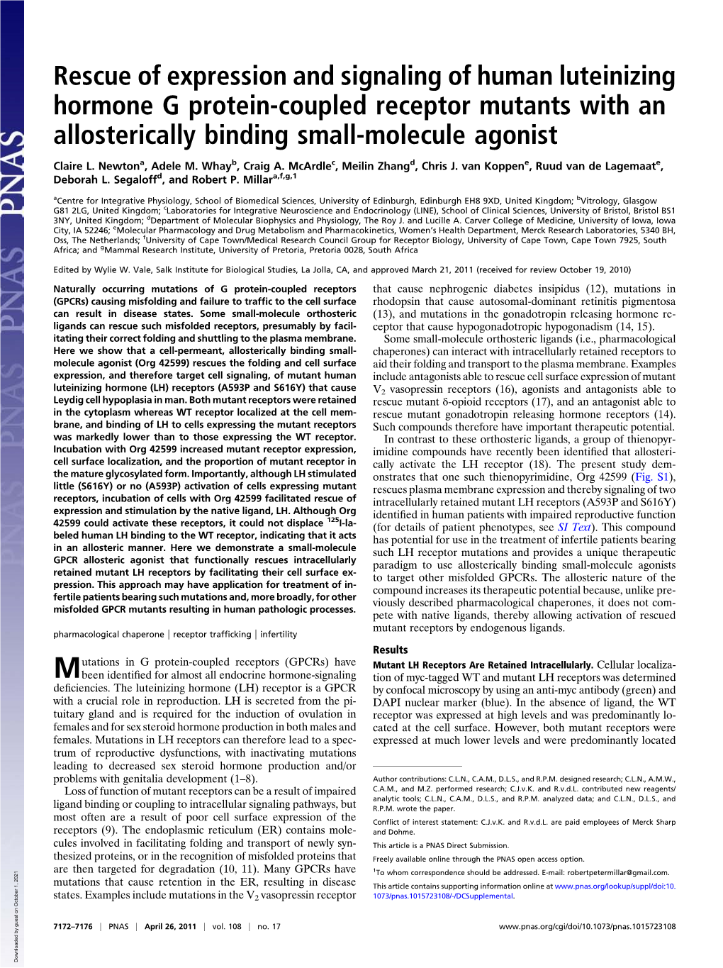 Rescue of Expression and Signaling of Human Luteinizing Hormone G Protein-Coupled Receptor Mutants with an Allosterically Binding Small-Molecule Agonist