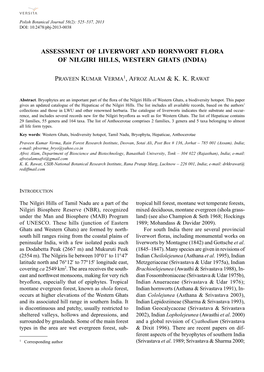 Assessment of Liverwort and Hornwort Flora of Nilgiri Hills, Western Ghats (India)