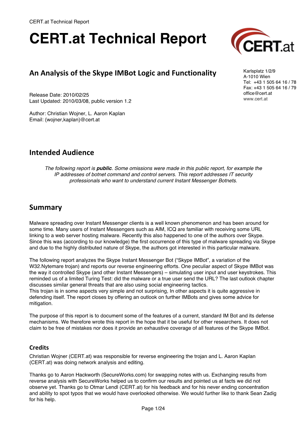 CERT.At Technical Report an Analysis of the Skype Imbot Logic And