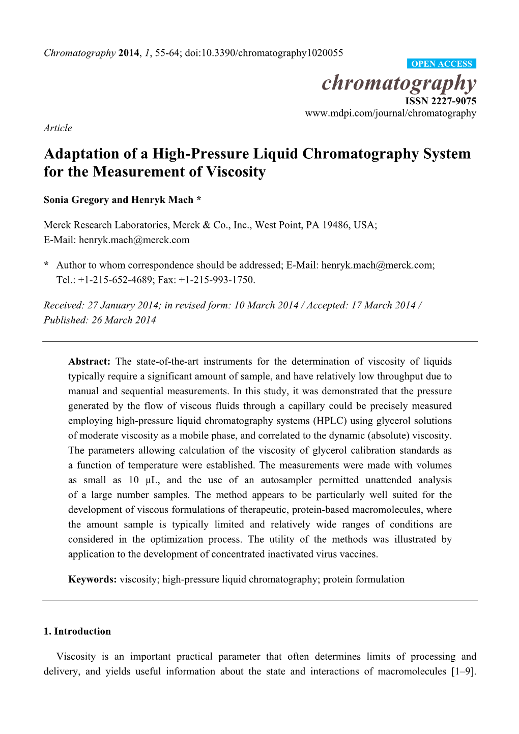 Adaptation of a High-Pressure Liquid Chromatography System for the Measurement of Viscosity