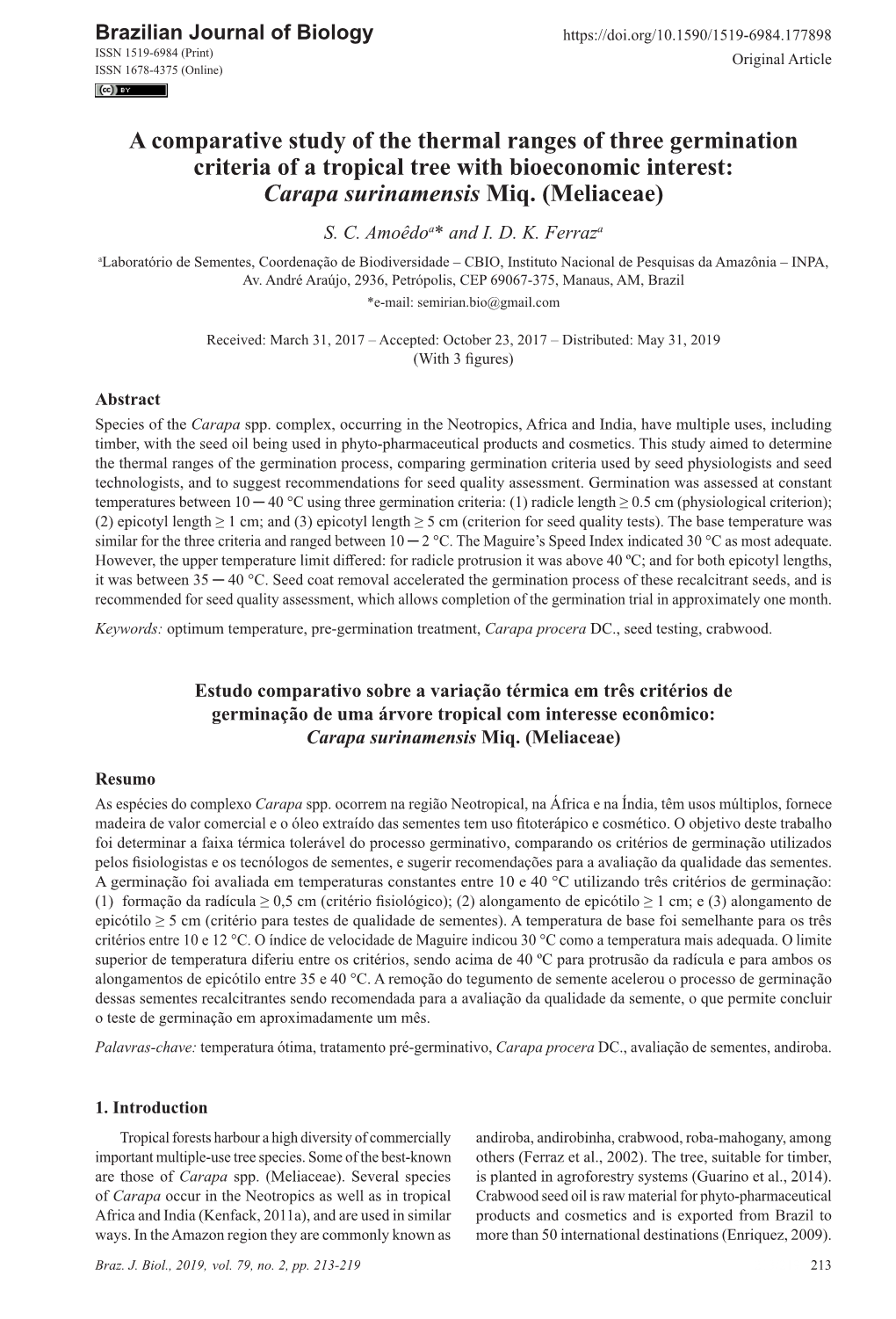 A Comparative Study of the Thermal Ranges of Three Germination Criteria of a Tropical Tree with Bioeconomic Interest: Carapa Surinamensis Miq