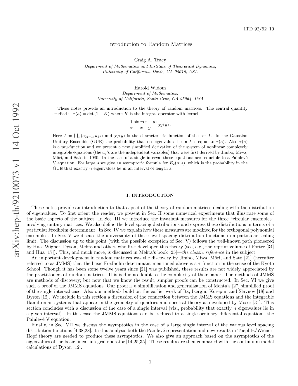 Arxiv:Hep-Th/9210073 V1 14 Oct 1992 Ie Nevl.I Hscs H Mseutoscnb Redu Be Can Equations JMMS in the Single Case a This of in Case Equation