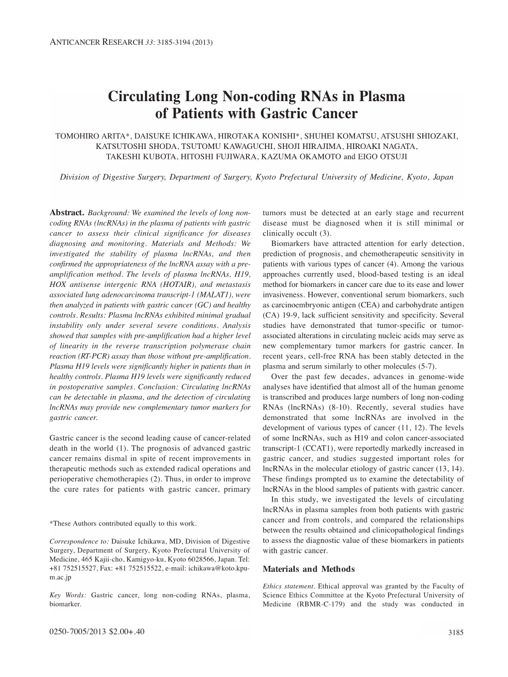 Circulating Long Non-Coding Rnas in Plasma of Patients with Gastric Cancer