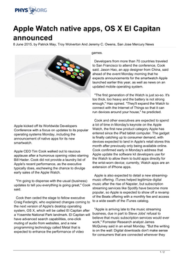 Apple Watch Native Apps, OS X El Capitan Announced 8 June 2015, by Patrick May, Troy Wolverton and Jeremy C