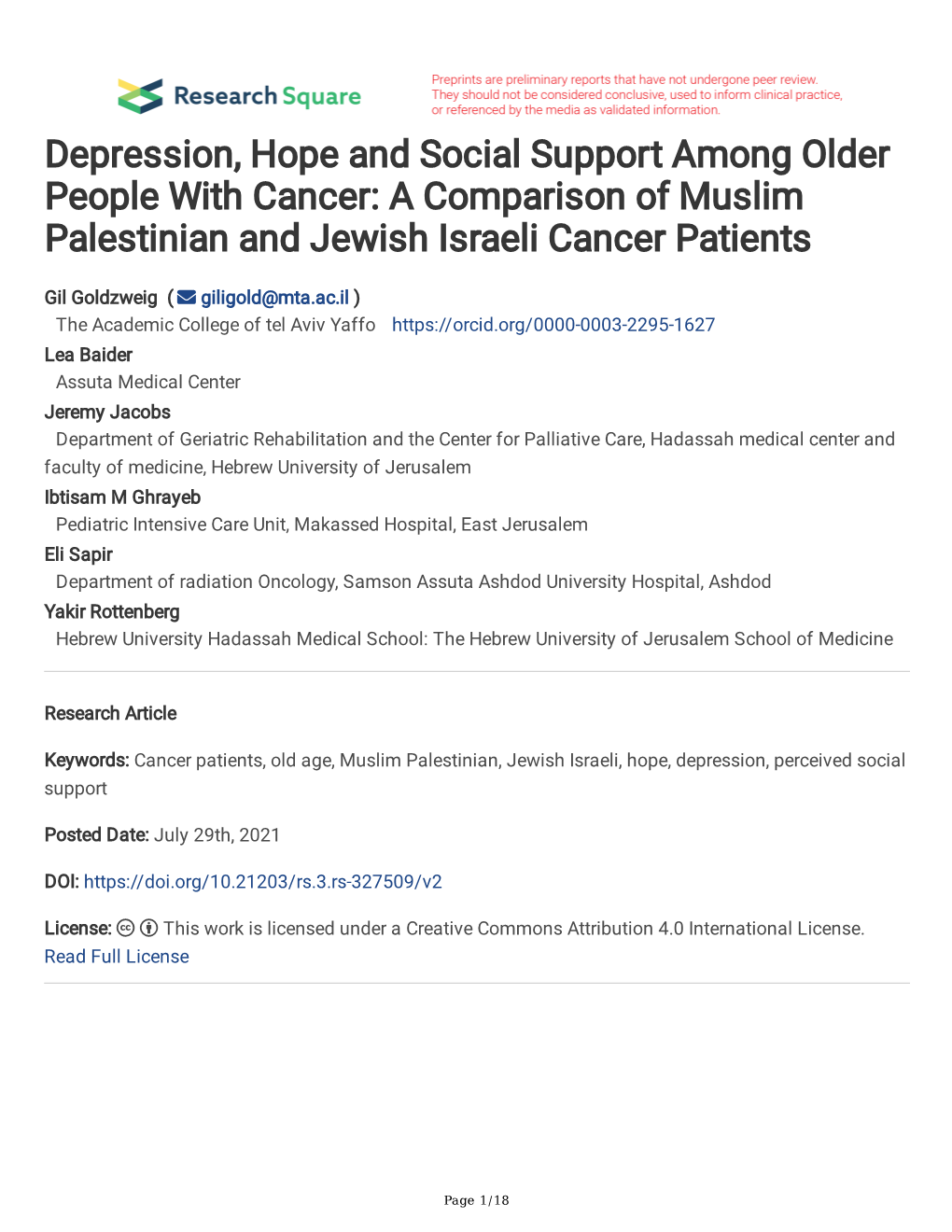 A Comparison of Muslim Palestinian and Jewish Israeli Cancer Patients