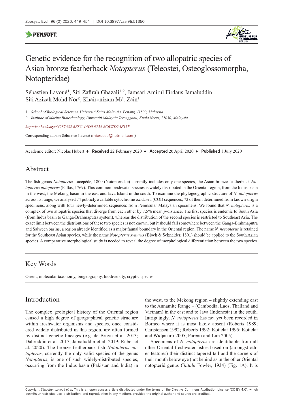 ﻿Genetic Evidence for the Recognition of Two Allopatric Species of Asian Bronze Featherback