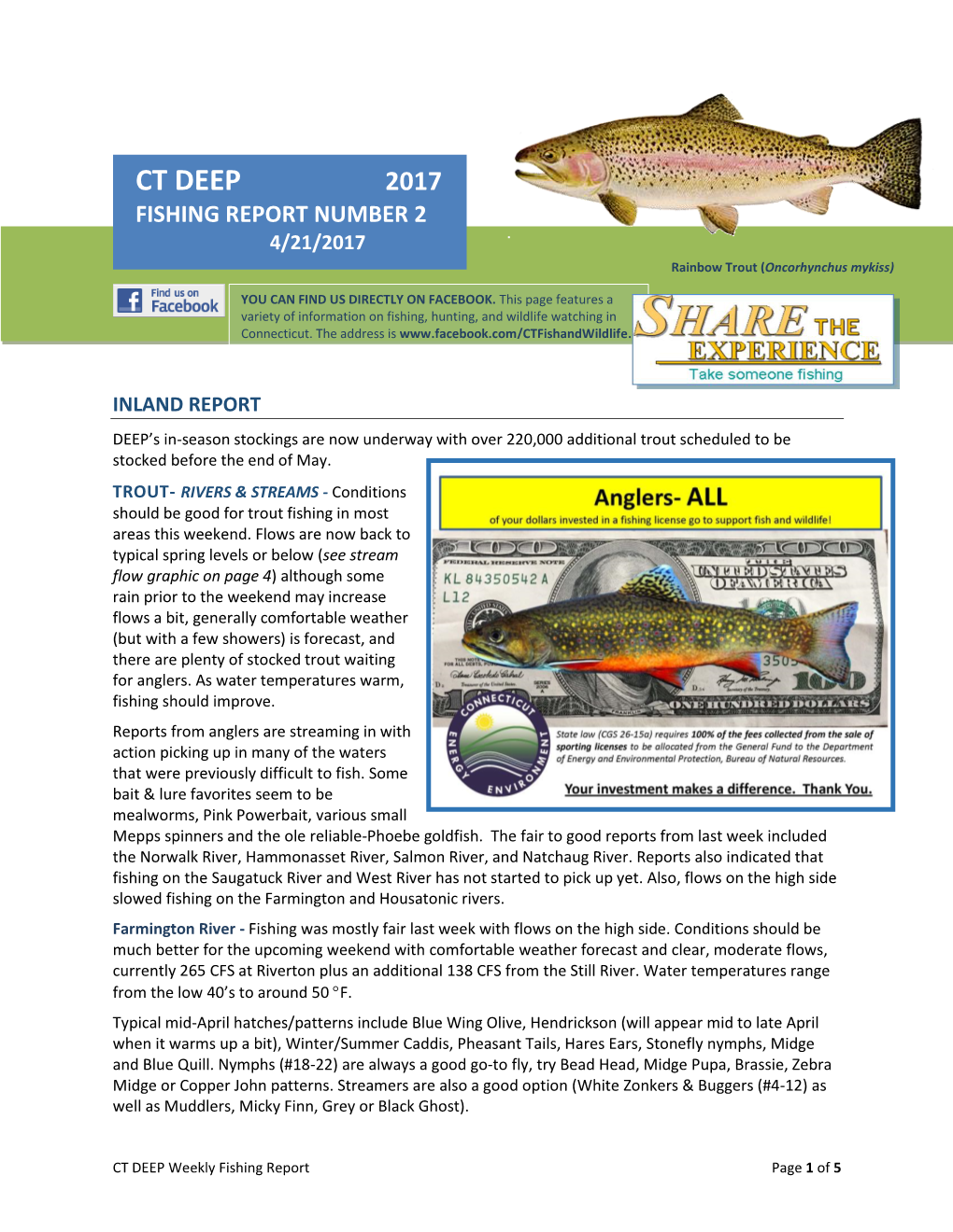 CT DEEP 2017 FISHING REPORT NUMBER 2 Channel Catfish (Ictalurus Punctatus) 4/21/2017 Rainbow Trout (Oncorhynchus Mykiss)