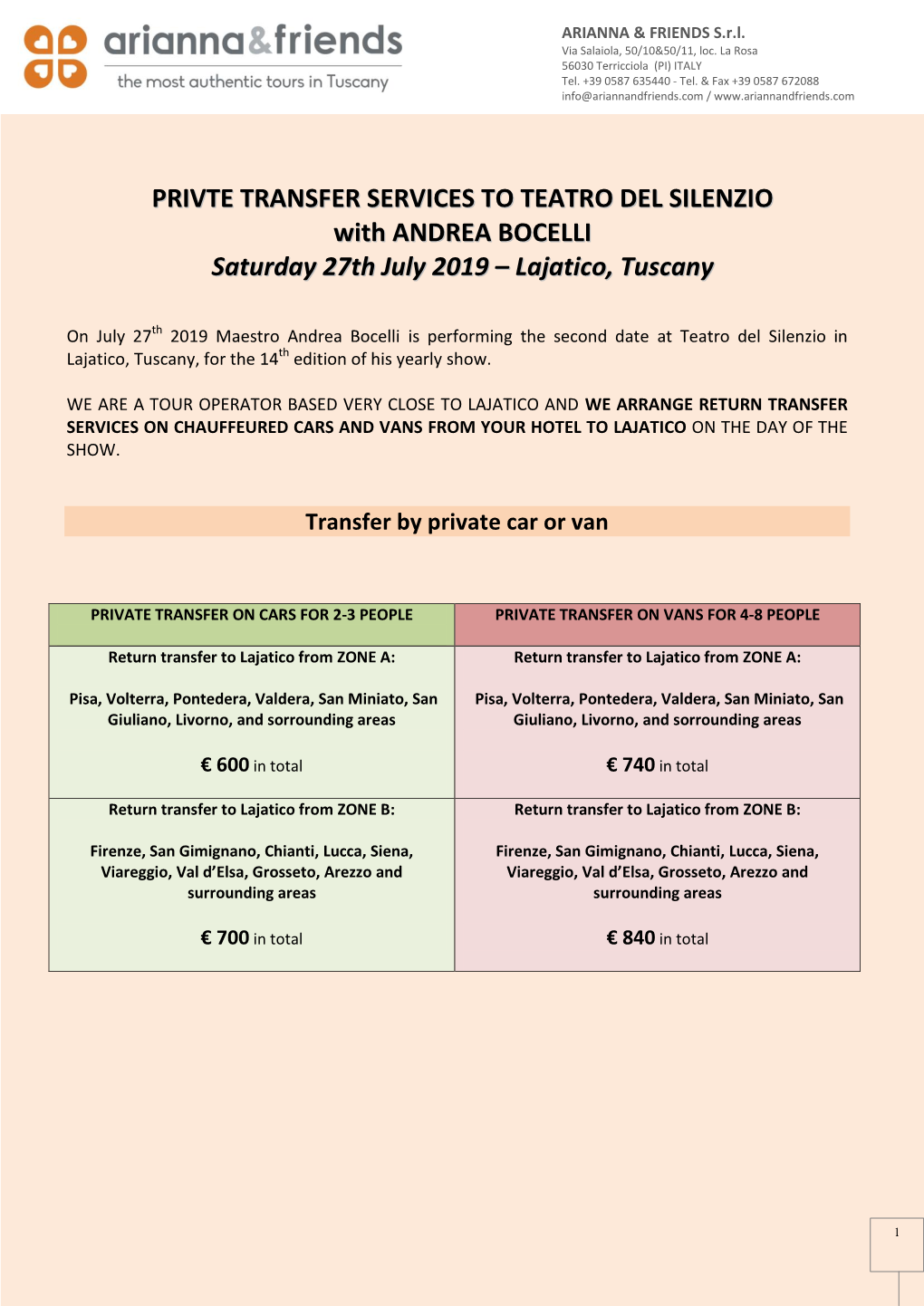 PRIVTE TRANSFER SERVICES to TEATRO DEL SILENZIO with ANDREA BOCELLI Saturday 27Th July 2019 – Lajatico, Tuscany