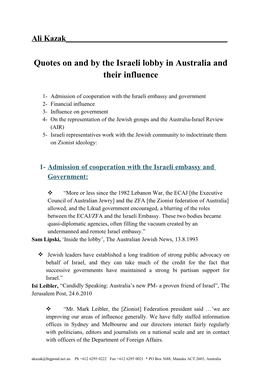 Quotes on and by the Israeli Lobby in Australia and Their Influence