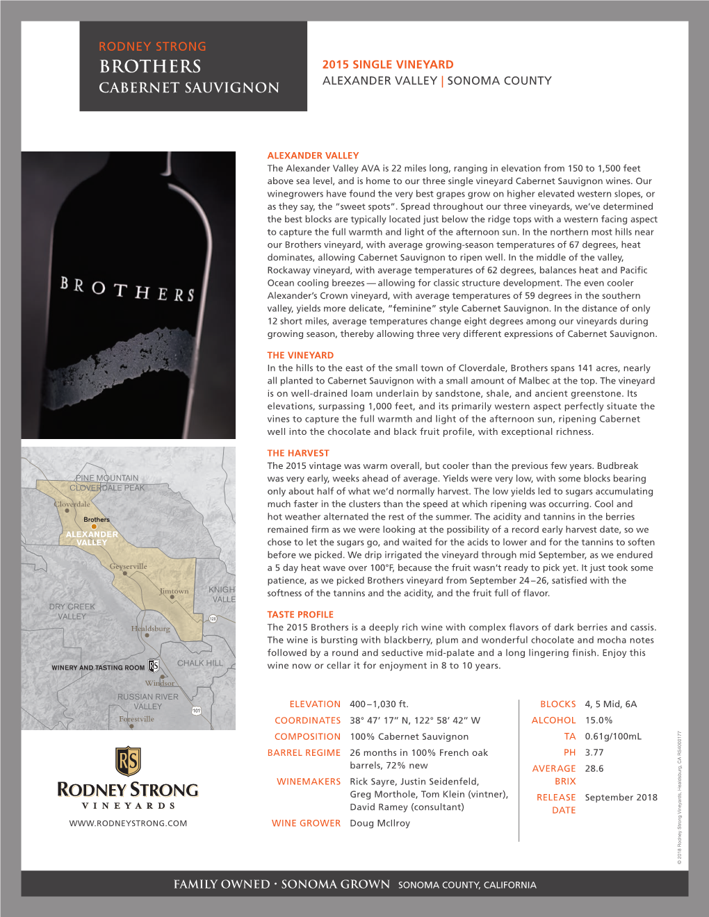 Brothers 2015 SINGLE VINEYARD ALEXANDER VALLEY | SONOMA COUNTY Cabernet Sauvignon