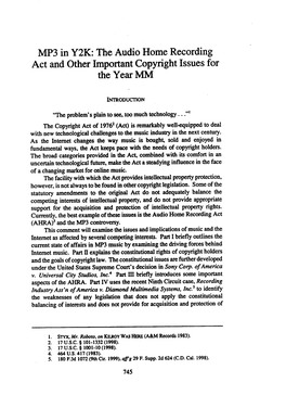 MP3 in Y2K: the Audio Home Recording Act and Other Important Copyright Issues for the Year MM