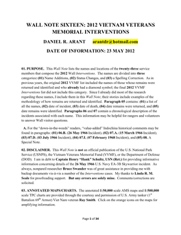 Wall Note Sixteen: 2012 Vietnam Veterans Memorial Interventions