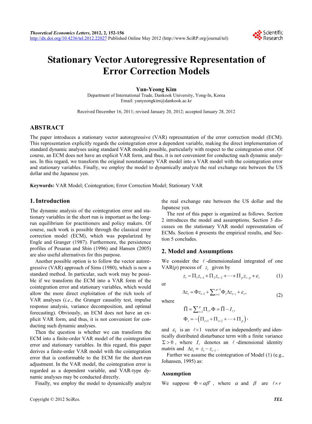 Stationary Vector Autoregressive Representation of Error Correction Models