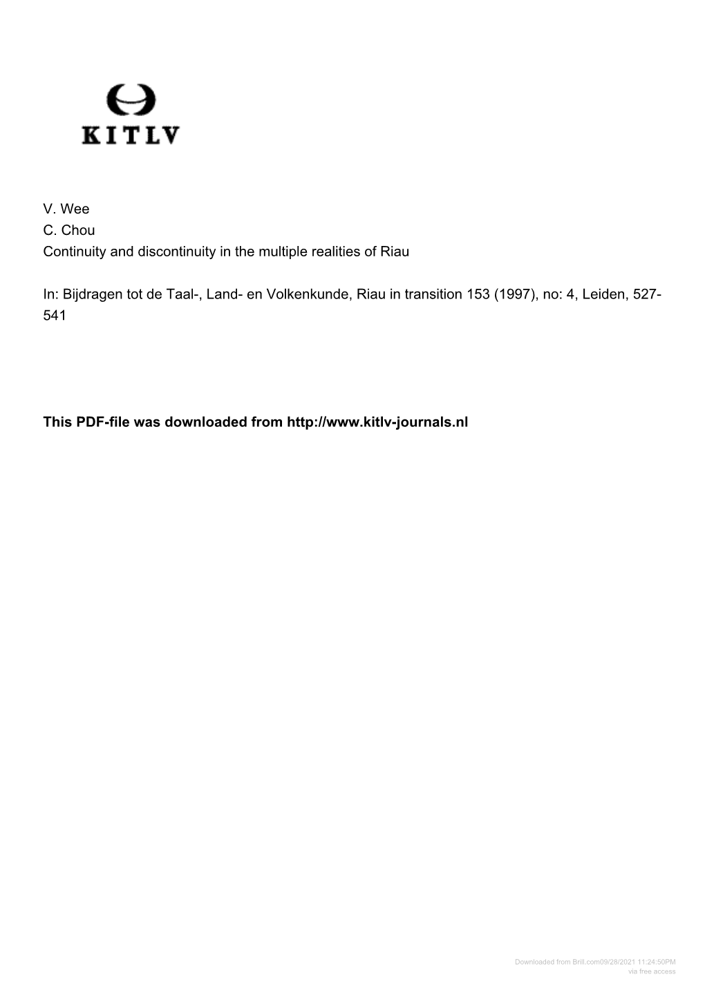 V. Wee C. Chou Continuity and Discontinuity in the Multiple Realities of Riau