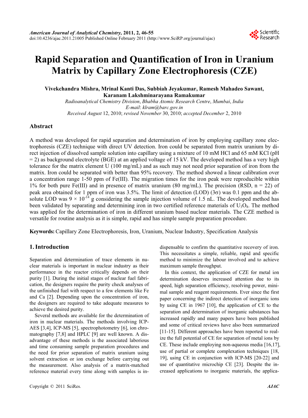 Rapid Separation and Quantification of Iron in Uranium Nuclear Matrix by Capillary Zone Electrophoresis (CZE)