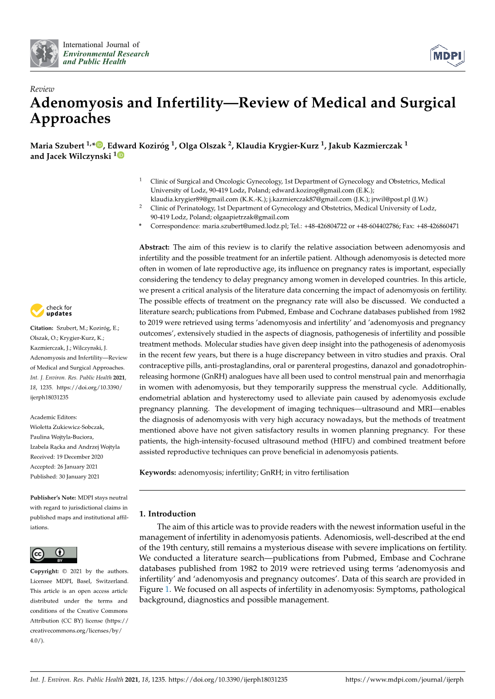 Adenomyosis and Infertility—Review of Medical and Surgical Approaches