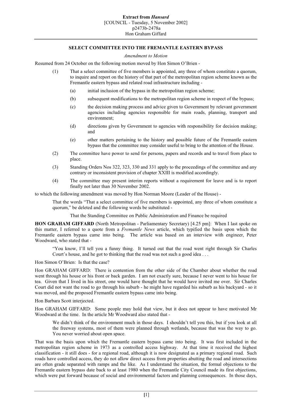 Extract from Hansard [COUNCIL - Tuesday, 5 November 2002] P2473b-2478A Hon Graham Giffard