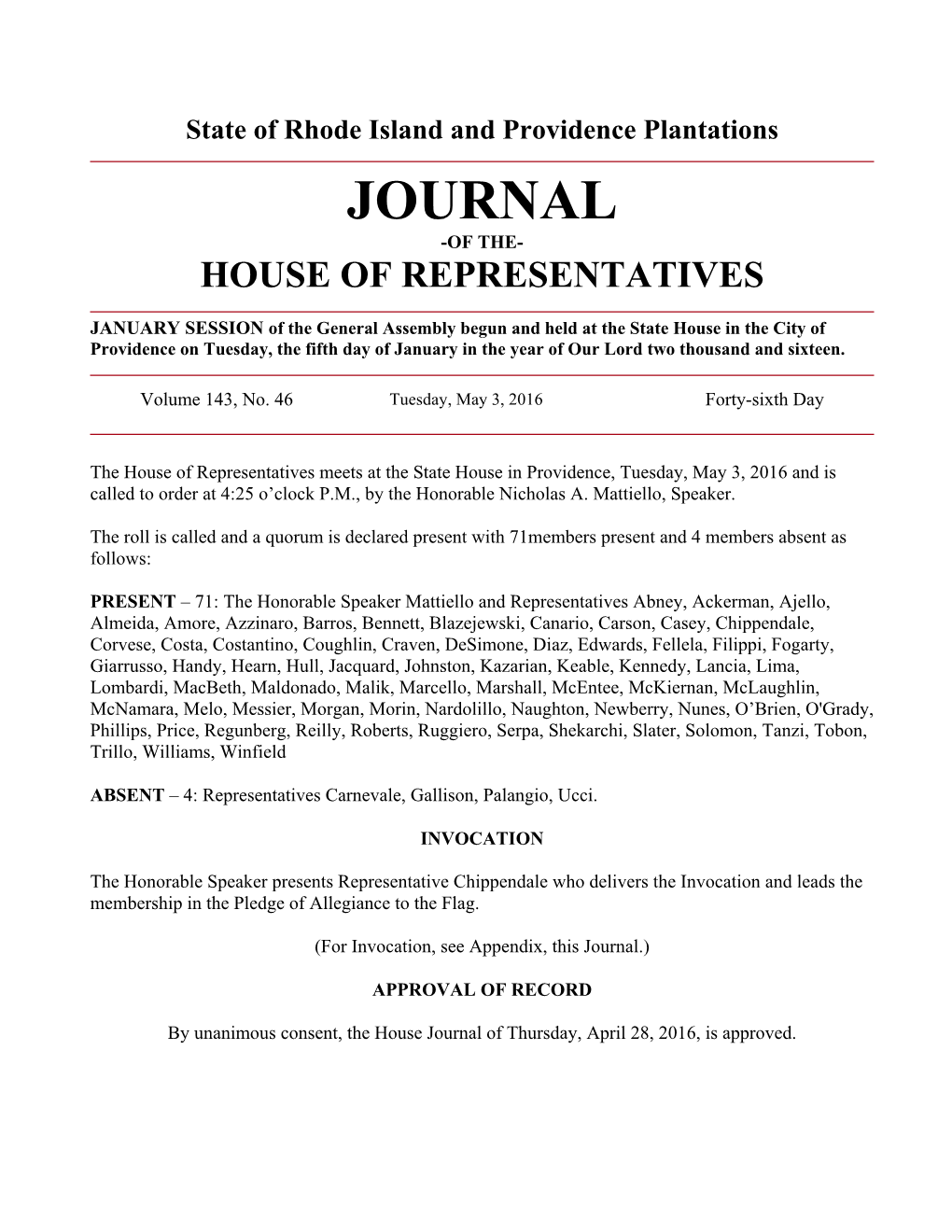 Journal -Of The- House of Representatives