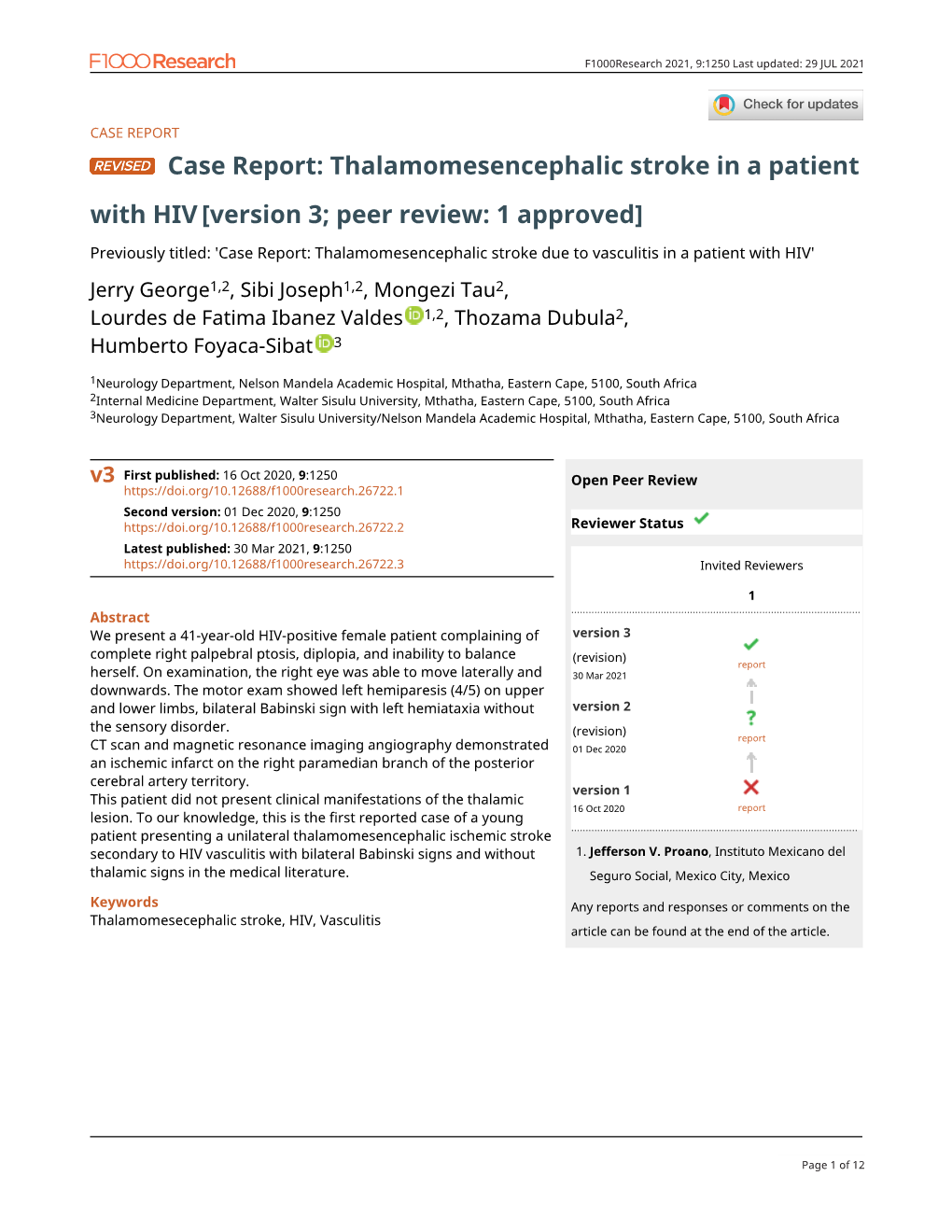 Thalamomesencephalic Stroke in a Patient with HIV[Version 3; Peer