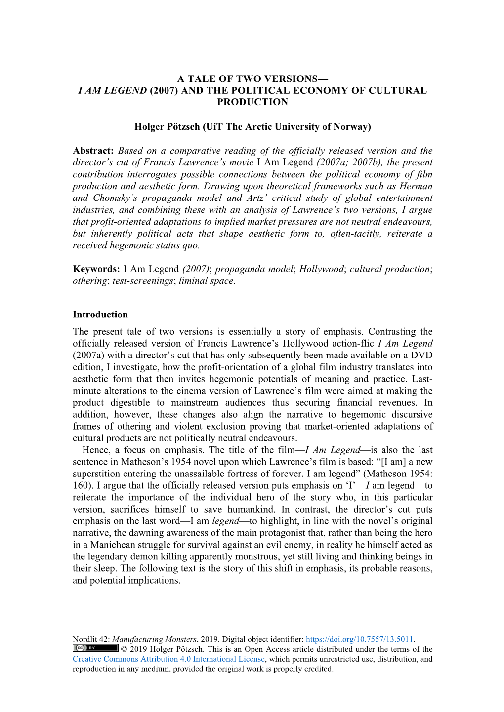 I Am Legend (2007) and the Political Economy of Cultural Production