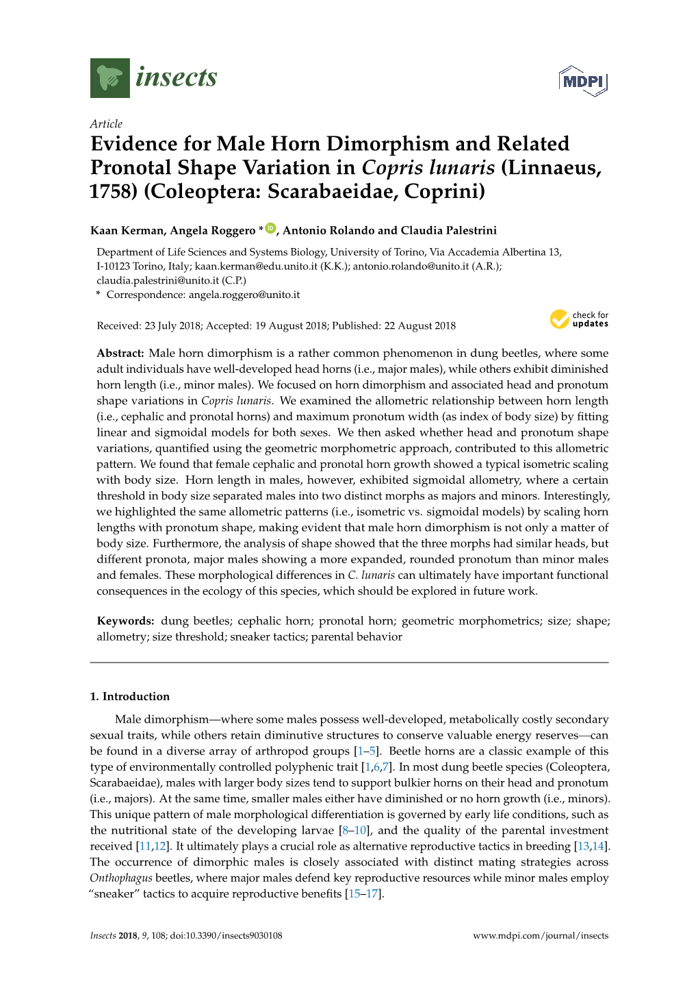 Evidence for Male Horn Dimorphism and Related Pronotal Shape Variation in Copris Lunaris (Linnaeus, 1758) (Coleoptera: Scarabaeidae, Coprini)