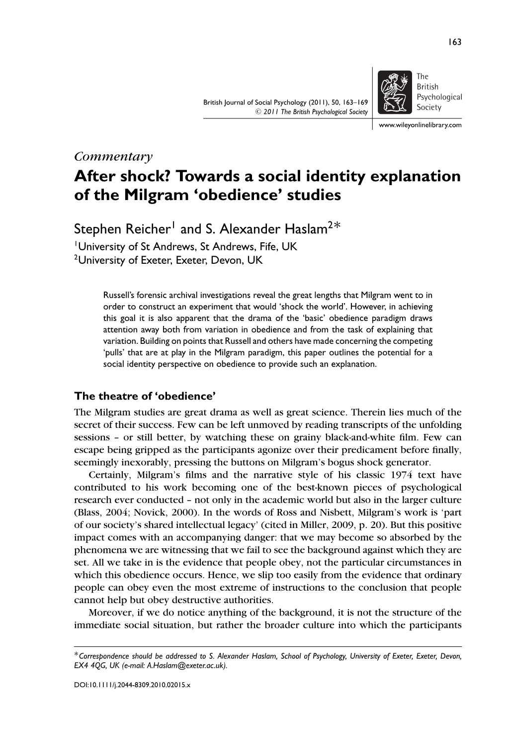 After Shock Towards a Social Identity Explanation of the Milgram Obedience Studies