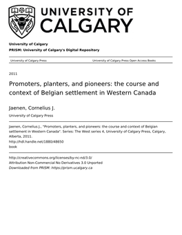 Promoters, Planters, and Pioneers: the Course and Context of Belgian Settlement in Western Canada
