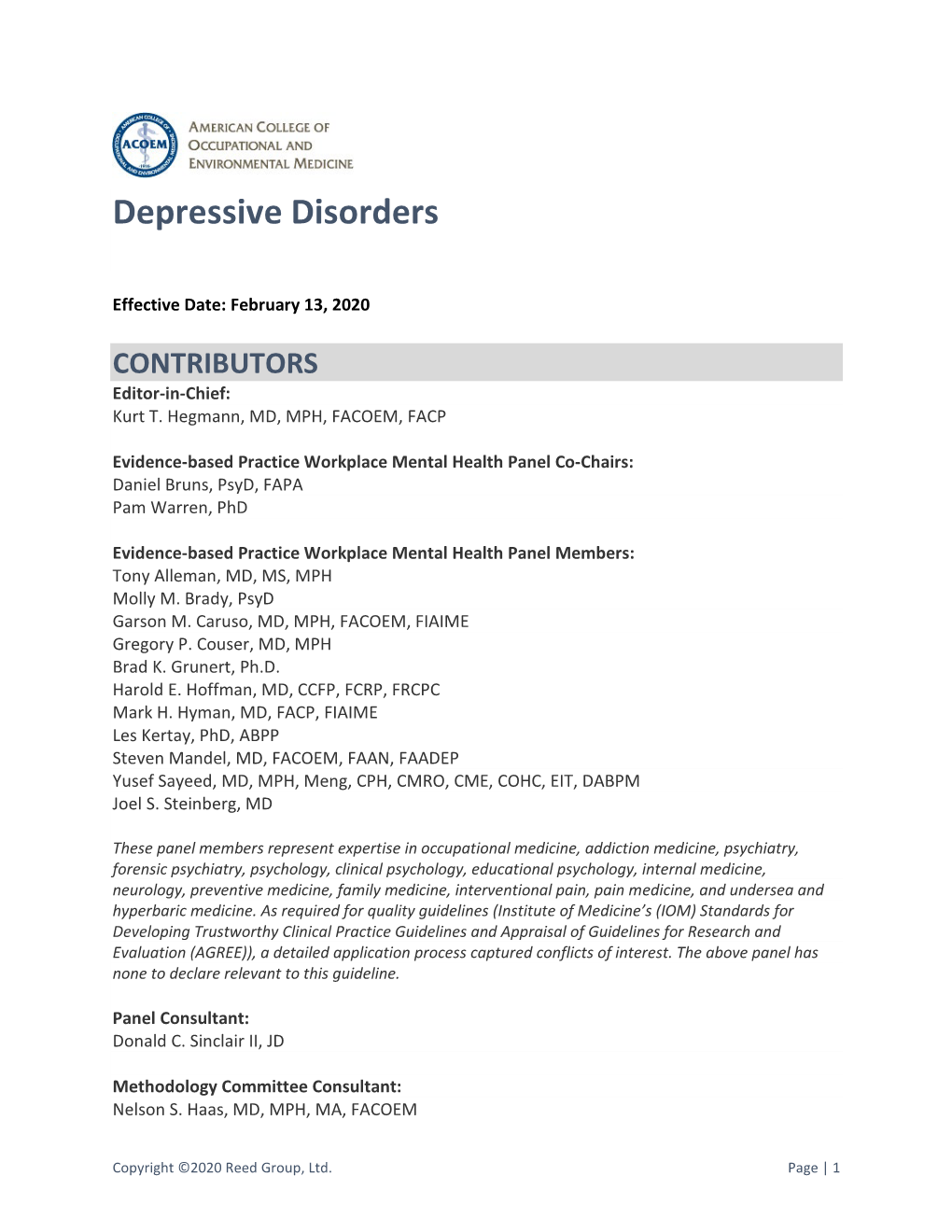 Workplace Mental Health Guideline: Depressive Disorders