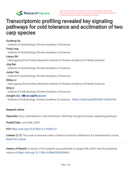 Transcriptomic Pro Ling Revealed Key Signaling Pathways for Cold