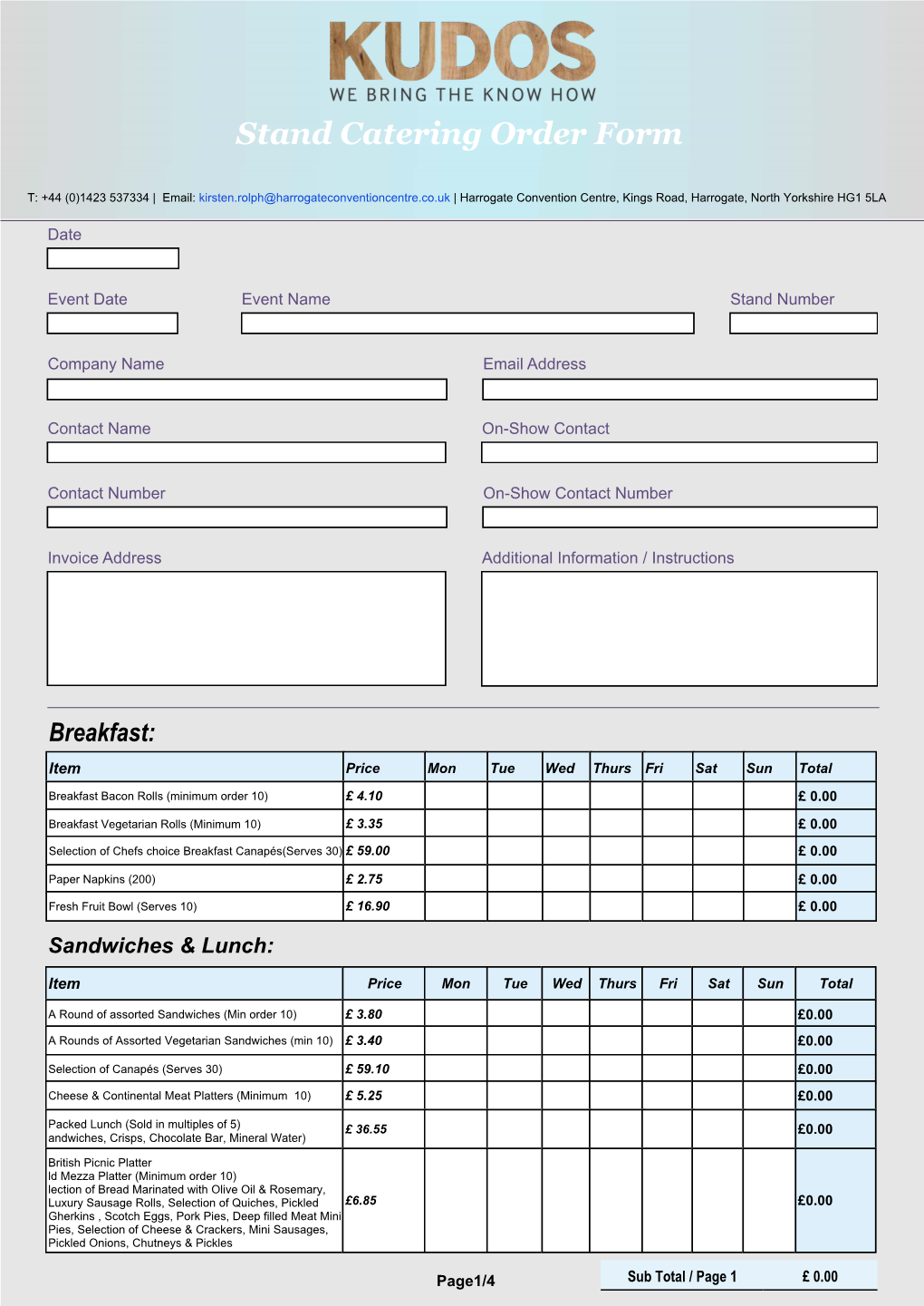 Stand Catering Order Form