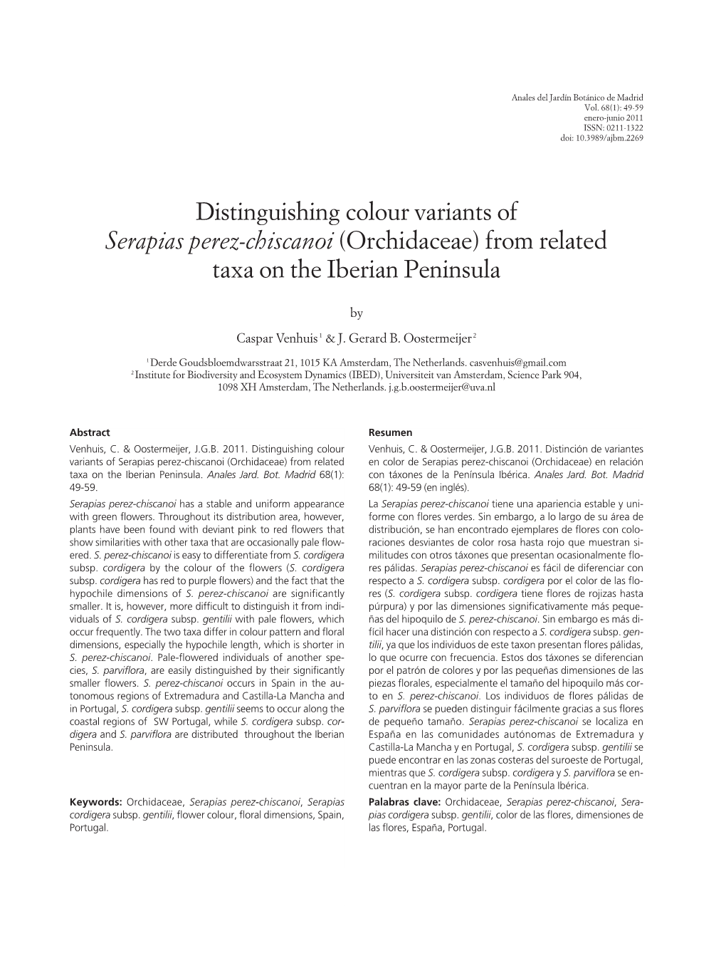 Distinguishing Colour Variants of Serapias Perez-Chiscanoi (Orchidaceae) from Related Taxa on the Iberian Peninsula