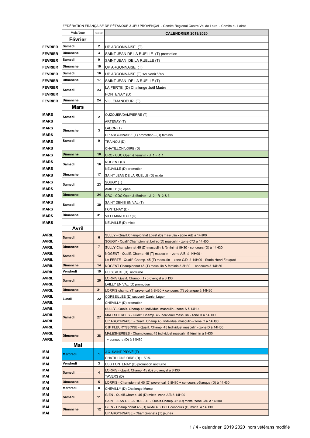 Calendrier 2019 2020 Hors Vã©Tã©Rans Modifiã©.Xlsx