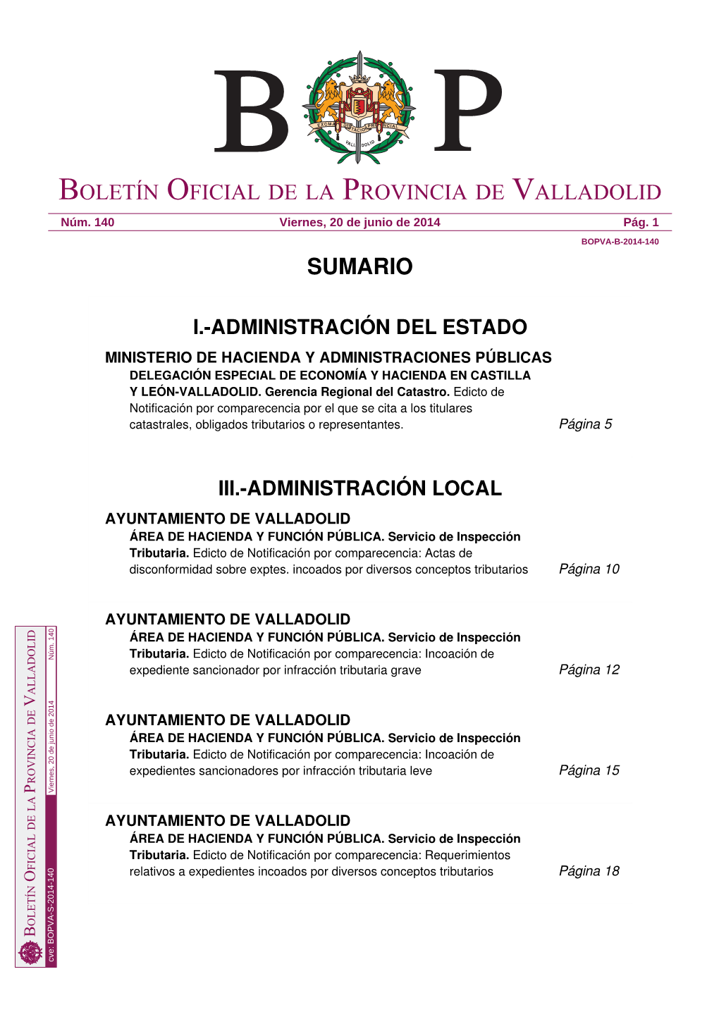 Sumario Boletín Oficial De La Provincia De Valladolid