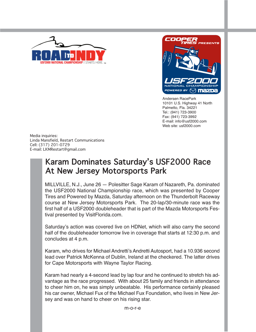 Karam Dominates Saturday's USF2000 Race at New Jersey