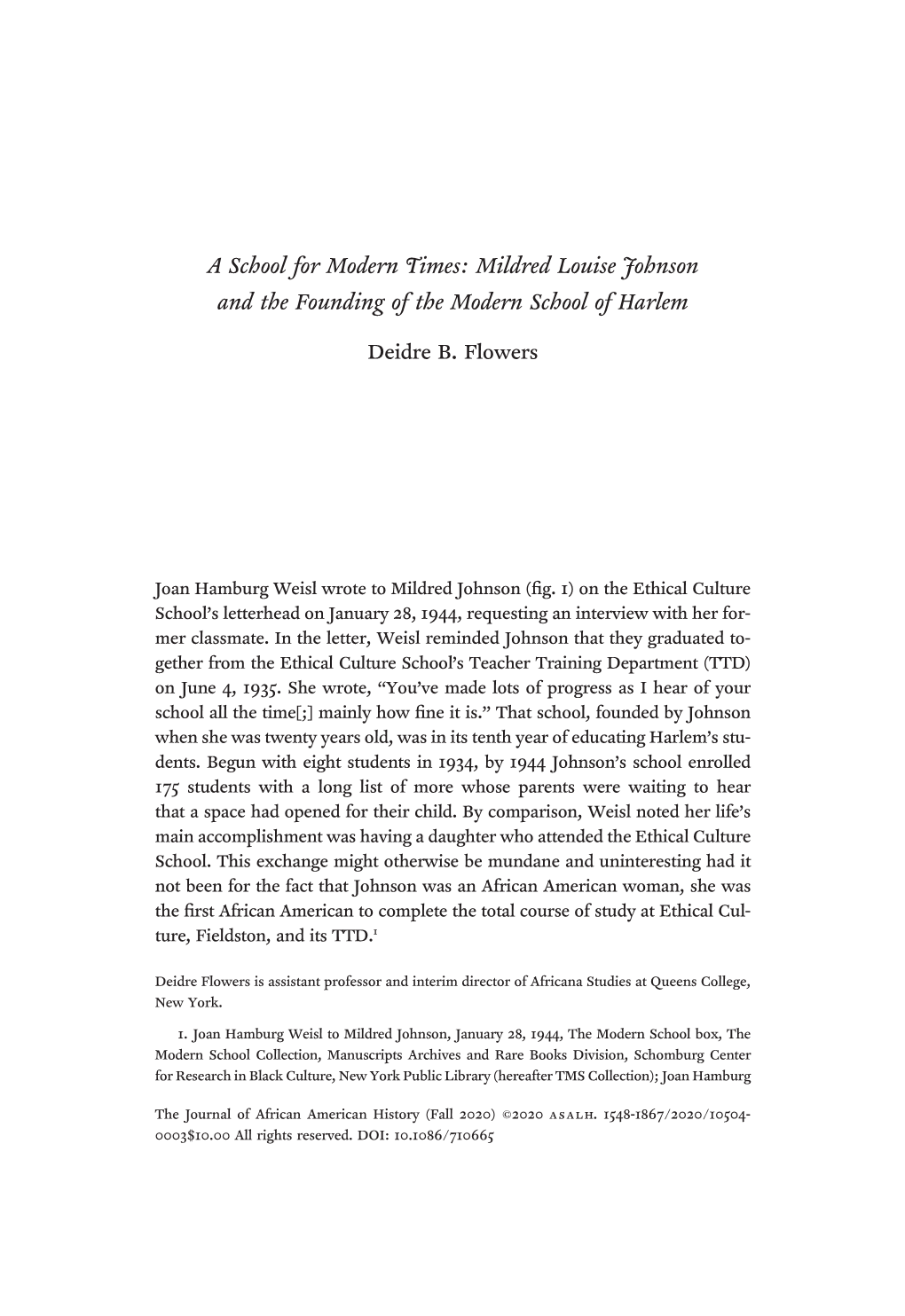 A School for Modern Times: Mildred Louise Johnson and the Founding of the Modern School of Harlem