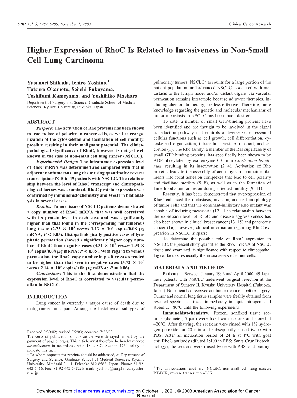 Higher Expression of Rhoc Is Related to Invasiveness in Non-Small Cell Lung Carcinoma