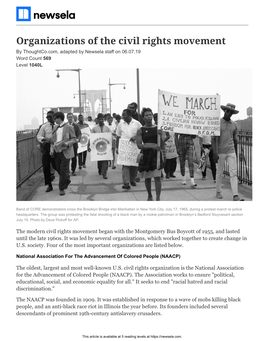 Organizations of the Civil Rights Movement by Thoughtco.Com, Adapted by Newsela Staff on 06.07.19 Word Count 569 Level 1040L