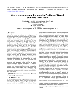 Communication and Personality Profiles of Global Software Developers, Information and Software Technology 64, Pp.113-131