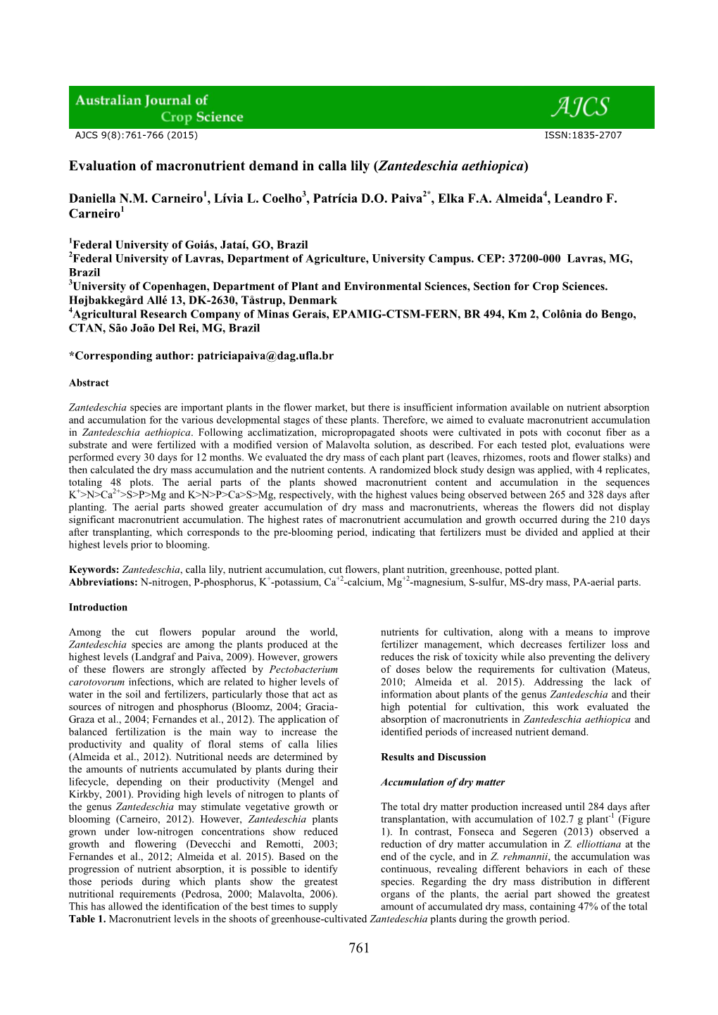 761 Evaluation of Macronutrient Demand in Calla Lily (Zantedeschia