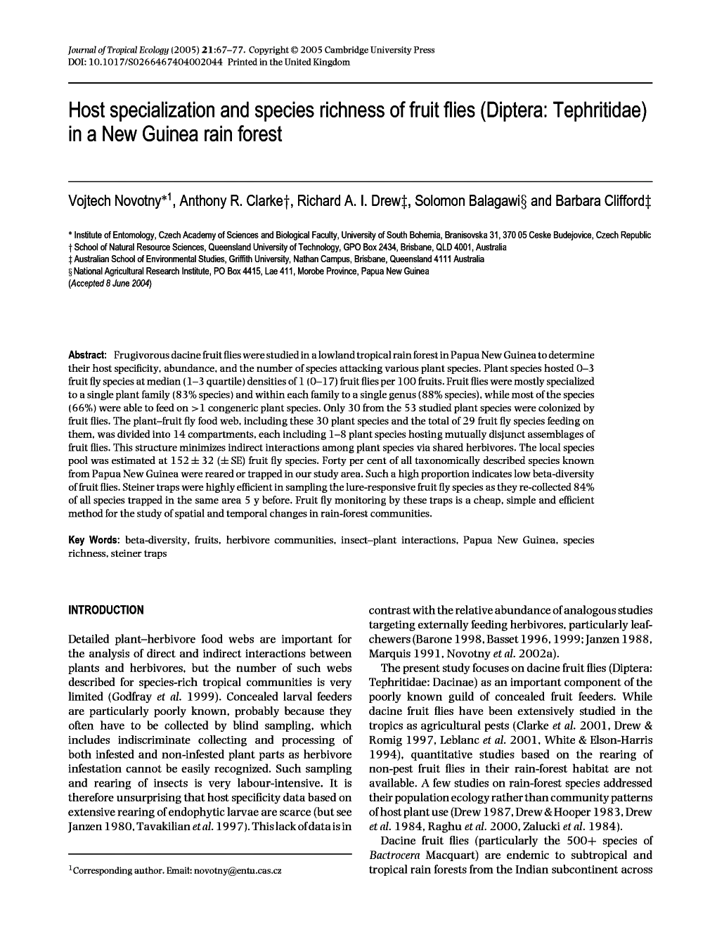 Host Specialization and Species Richness of Fruit Flies (Díptera: Tephritidae) in a New Guinea Rain Forest