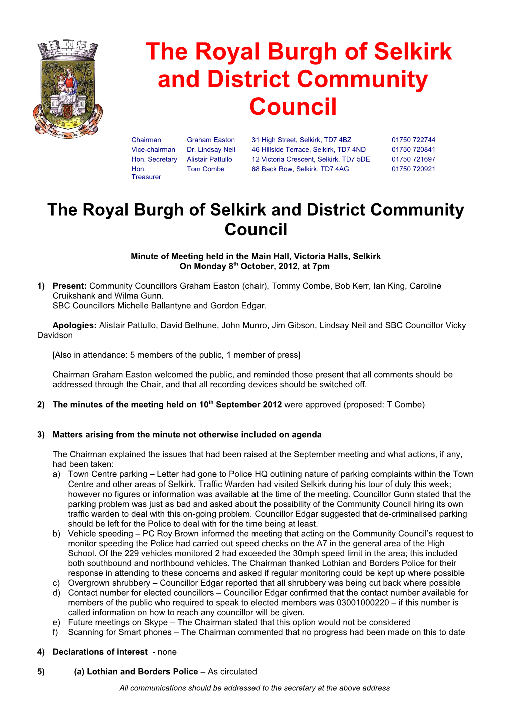 The Royal Burgh of Selkirk and District Community Council