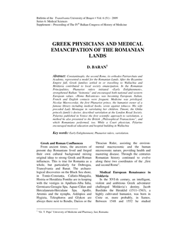 Greek Physicians and Medical Emancipation of the Romanian Lands