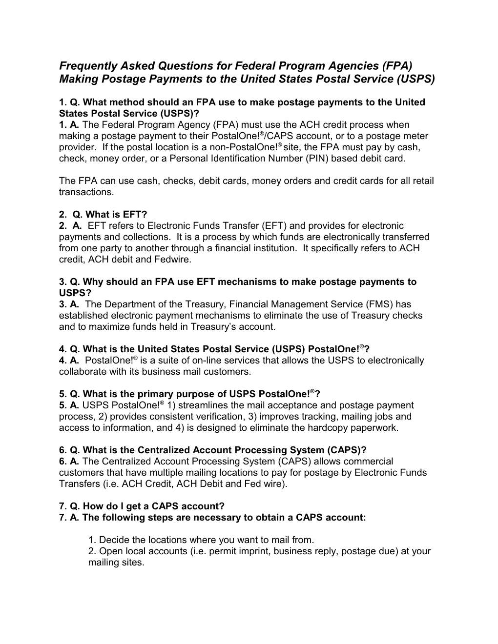 Frequently Asked Questions for Federal Program Agencies (FPA) Making Postage Payments