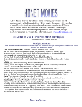 Hdnet Movies November 2014 Program Highlights