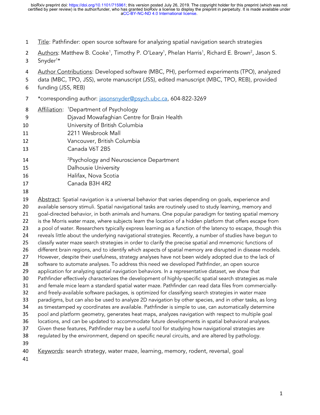 Open Source Software for Analyzing Spatial Navigation Search Strategies 2 Authors: Matthew B