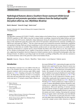 Hydrological Features Above a Southern Ocean Seamount Inhibit Larval Dispersal and Promote Speciation: Evidence from the Bathyal Mytilid Dacrydium Alleni Sp