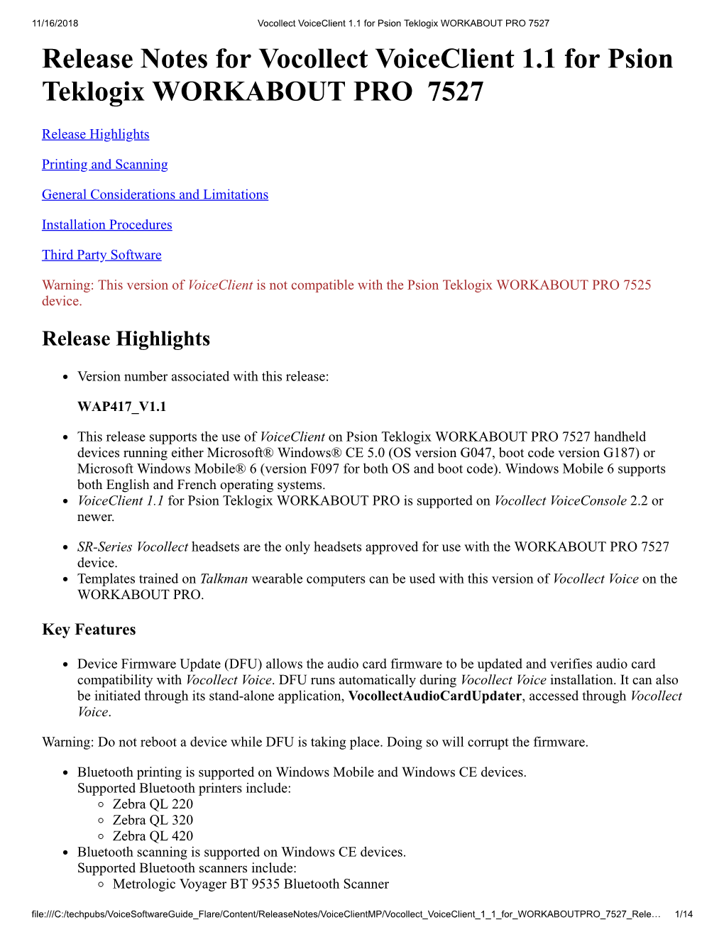 Release Notes for Vocollect Voiceclient 1.1 for Psion Teklogix WORKABOUT PRO 7527